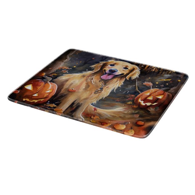 Planche À Découper Retriever doré Halloween avec citrouilles effrayan (Coin)