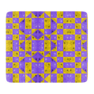 Planche À Découper Rétro Boho Violet & Jaune Damier aux Marguerites