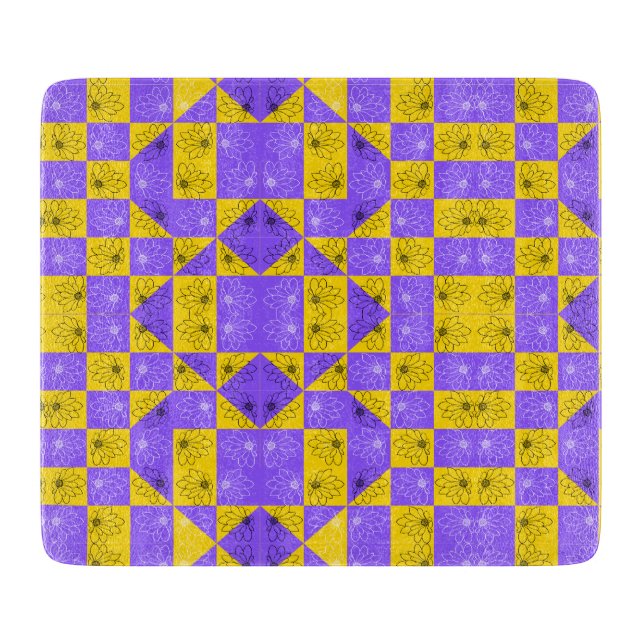 Planche À Découper Rétro Boho Violet & Jaune Damier aux Marguerites (Devant)