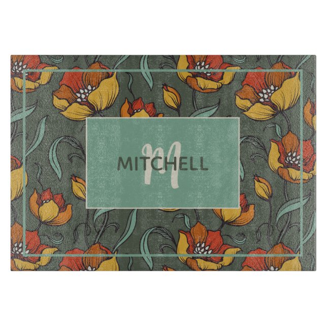 Planche À Découper Retro Floral Orange Gold Turquoise personnalisé (Devant)