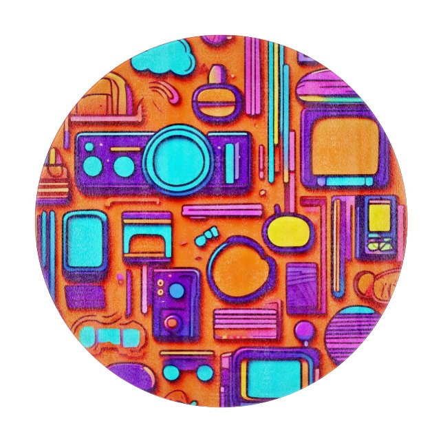 Planche À Découper Retro Tech Pop : Collage d'objets Gadget nostalgiq (Devant)