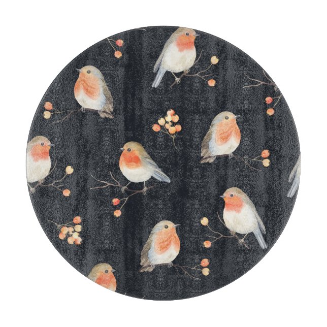 Planche À Découper Robins, baies de rowan, motif d'aquarelle d'hiver. (Devant)