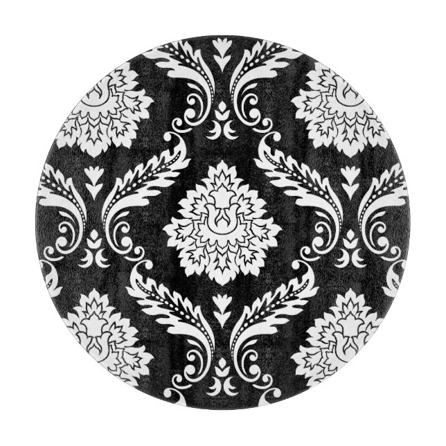 Planche À Découper Rococo Damassé Grand Motif Blanc sur Noir (Devant)
