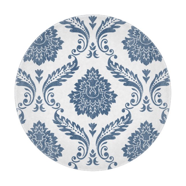 Planche À Découper Rococo Damassé Grand Motif Bleu sur Blanc (Devant)