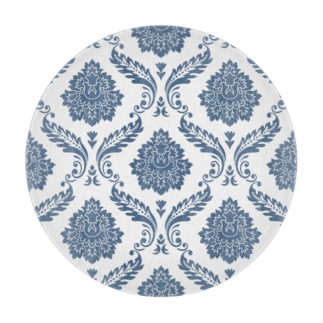 Planche À Découper Rococo Damassé Grand Motif Bleu sur Blanc (Devant)
