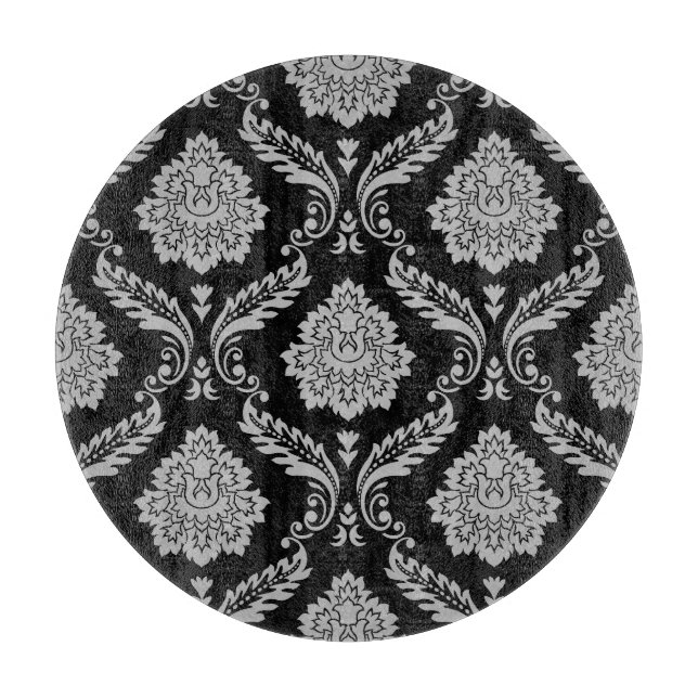 Planche À Découper Rococo Damassé Grand Motif Gris sur Noir (Devant)