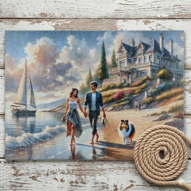 Planche À Découper Romantic Coastal Cottage Sunset Stroll (Romantic Coastal Cottage Sunset Stroll Cutting Board On Chipped Paint Porch)