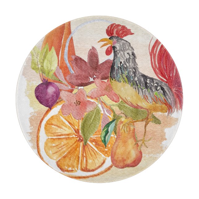 Planche À Découper Rooster rouge paysage de l'aquarelle peinte à la m (Devant)
