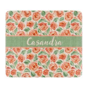 Planche À Découper Rose Corail Fleur Monogramme Nom Cuisine 