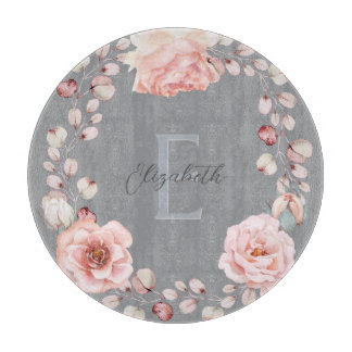 Planche À Découper Rose d'aquarelle Wreath personnalisée | Gray
