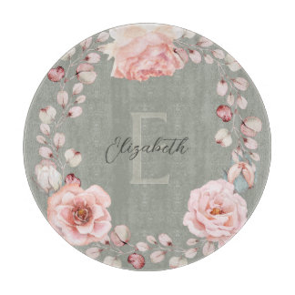 Planche À Découper Rose d'aquarelle Wreath personnalisée | Vert sage