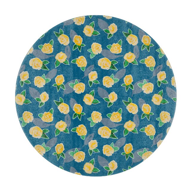 Planche À Découper Rose florale jaune sur fond bleu (Devant)