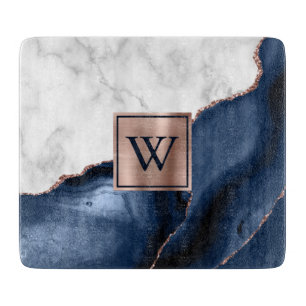 Planche À Découper Rose Gold Blanc Marbre Bleu Nuit Agate Monogram Tr