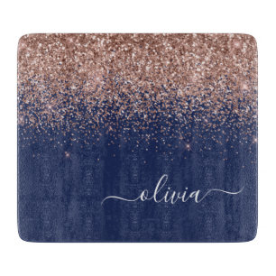 Planche À Découper Rose Gold Bleu Marine Blush Rose Pailleté Monogram