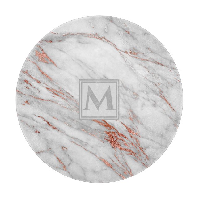 Planche À Découper Rose Gold Copper Marbre Blanc Élégant Monogramme (Devant)