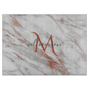 Planche À Découper Rose Gold Cuivre Blanc Marbre Élégant Monogramme