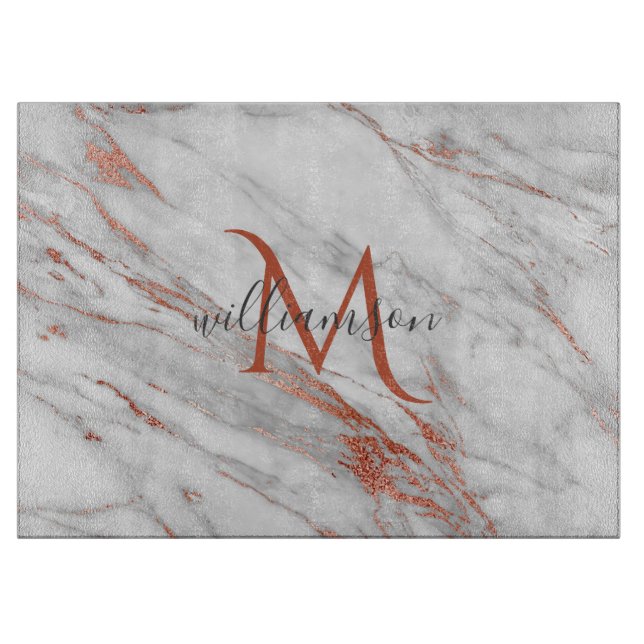 Planche À Découper Rose Gold Cuivre Blanc Marbre Élégant Monogramme (Devant)