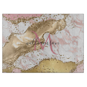 Planche À Découper Rose Gold Élégant Monogramme Marbre Blanc