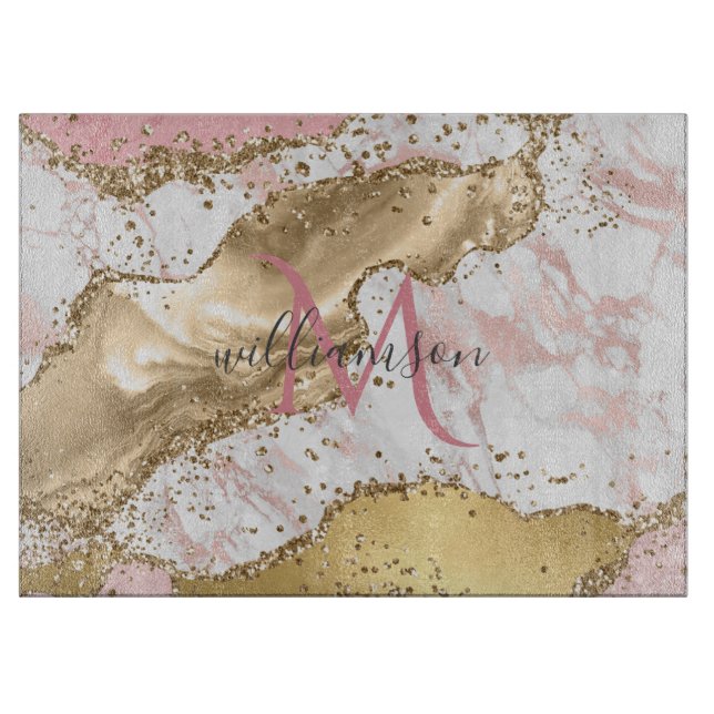 Planche À Découper Rose Gold Élégant | Monogramme Marbre Blanc (Devant)