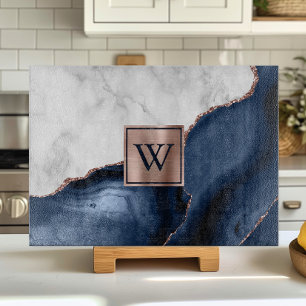 Planche À Découper Rose Gold et Agate Bleu Marine Monogramme en Marbr
