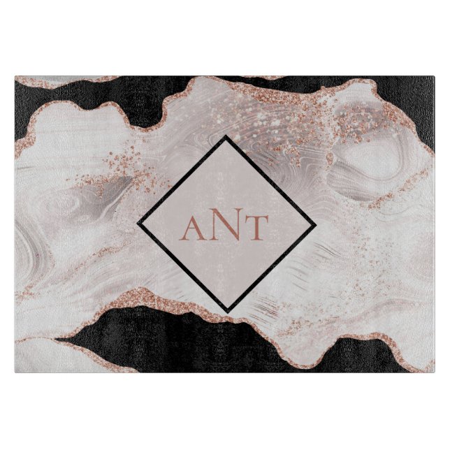 Planche À Découper Rose Gold Glitter Agate Noir et Blanc Tourbillon M (Devant)