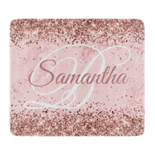 Planche À Découper Rose Gold Pailleté Blush Rose Marbre Monogramme Él (Devant)
