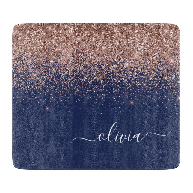 Planche À Découper Rose Gold Pailleté Monogramme Rose Clair Bleu Mari (Devant)
