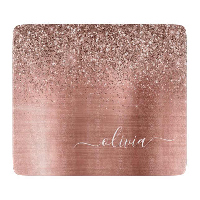 Planche À Découper Rose Gold Rose Glitter Monogrammé Métal Brossé (Devant)