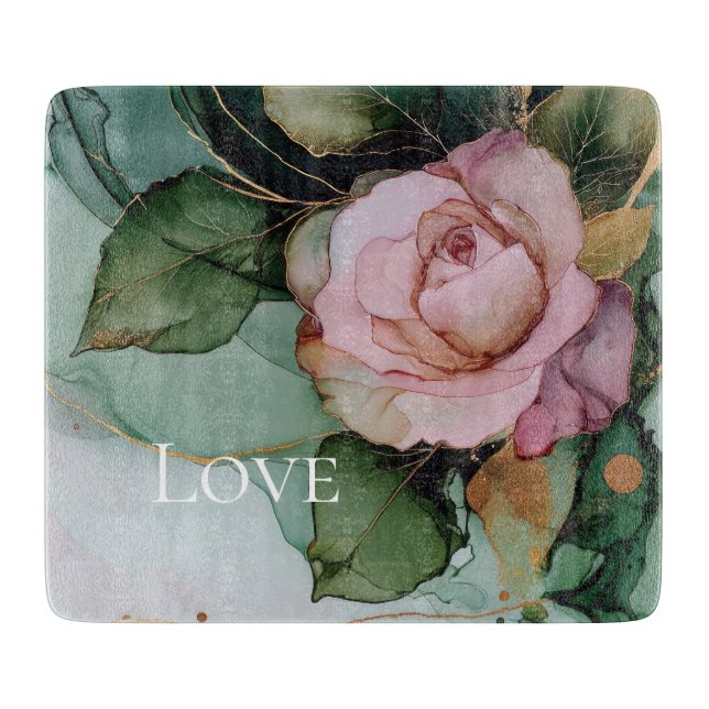 Planche À Découper Rose romantique blanche rose or floral amour  (Devant)