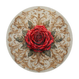 Planche À Découper Rose Rouge Élégante avec Motif Floral Orné en Or