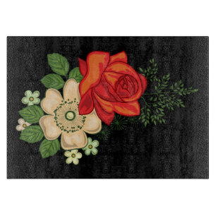 Planche À Découper Rose rouge et marguerites Arrière - plan noir