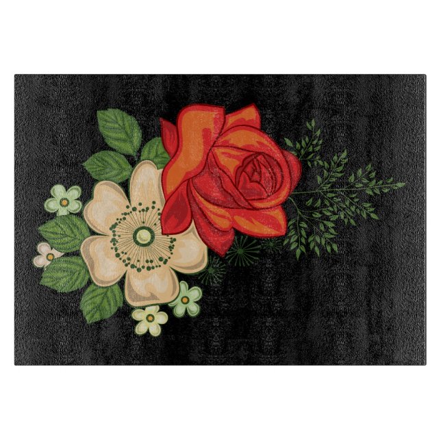 Planche À Découper Rose rouge et marguerites Arrière - plan noir (Devant)