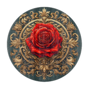 Planche À Découper Rose rouge ornée avec cadre baroque doré