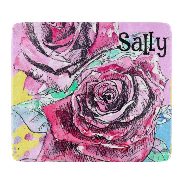 Planche À Découper Rose Rouge Roses Aquarelle Florale Fleurs Fleur (Devant)