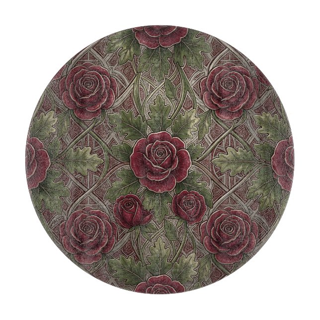 Planche À Découper Roses bordeaux rouge profond Treillis orné vert  (Devant)