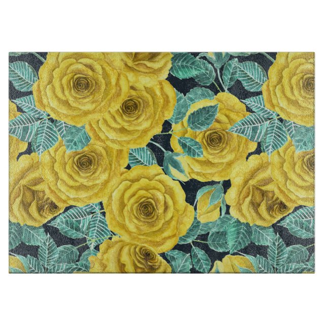 Planche À Découper Roses d'aquarelle jaune avec feuilles et pattes de (Devant)