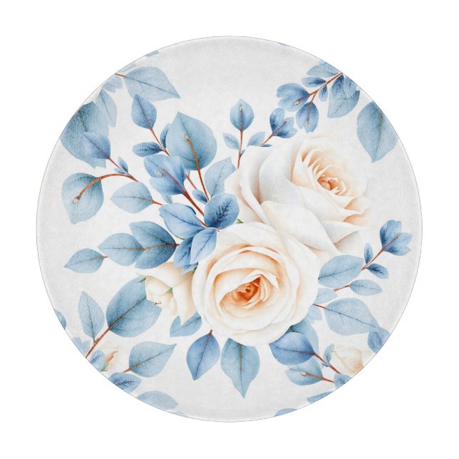 Planche À Découper Roses pêche Poussière Bleu Eucalyptus Motif (Devant)