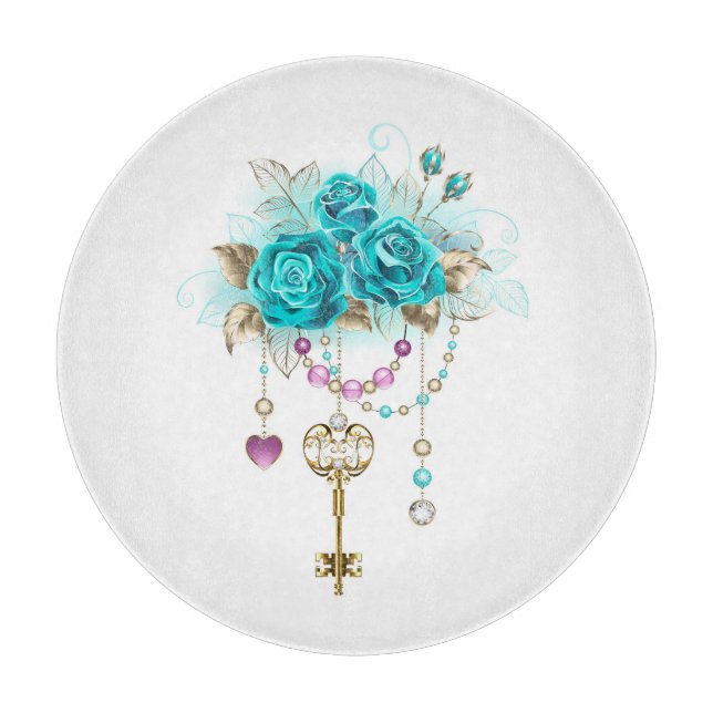 Planche À Découper Roses turquoise avec touches (Devant)