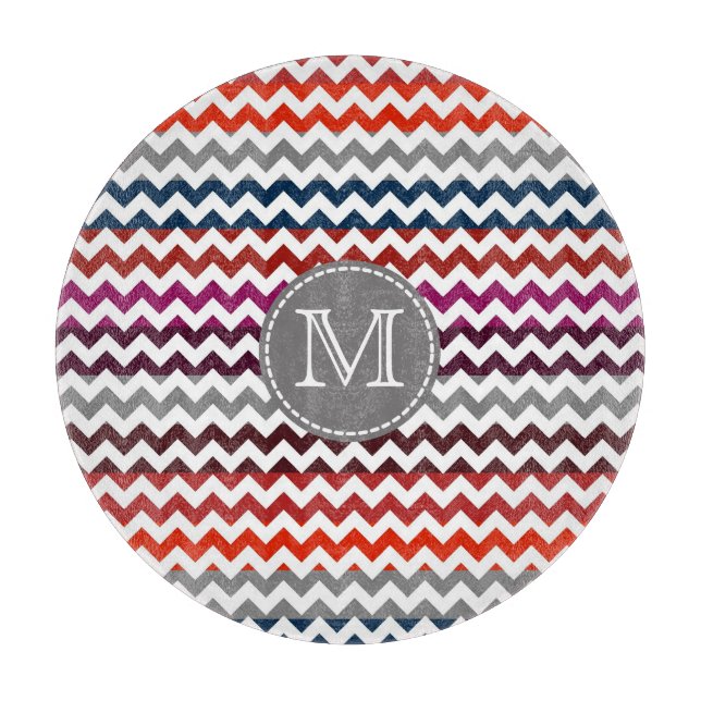 Planche À Découper Rouge blanc gris Chevron Zigzag Monogramme (Devant)
