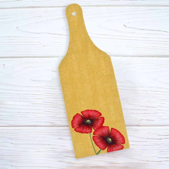 Planche À Découper Rouge Fleurs de pavot Jaune Paddle Planche (A bright mustard yellow paddle cutting board with two poppy flowers. Pop it in your basket!)