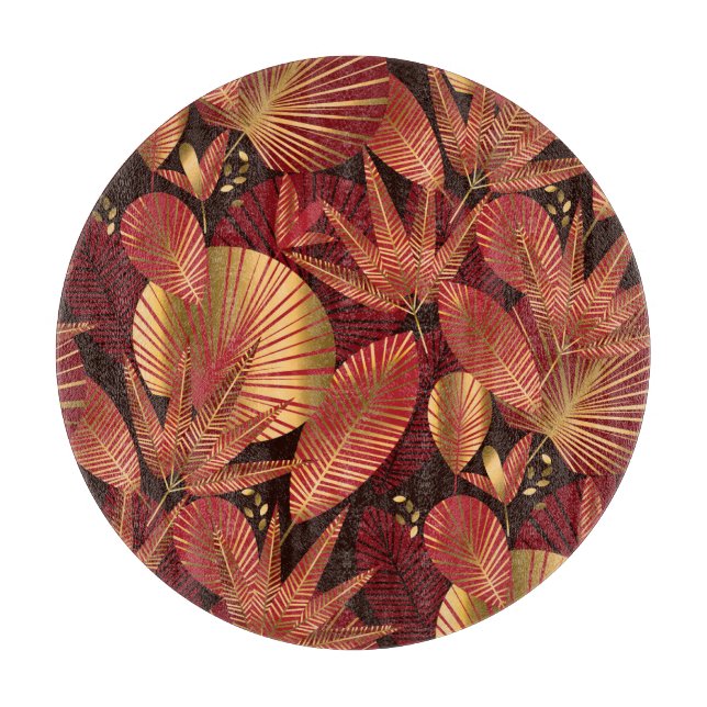 Planche À Découper Rouge or, Motif tropical géométrique. (Devant)