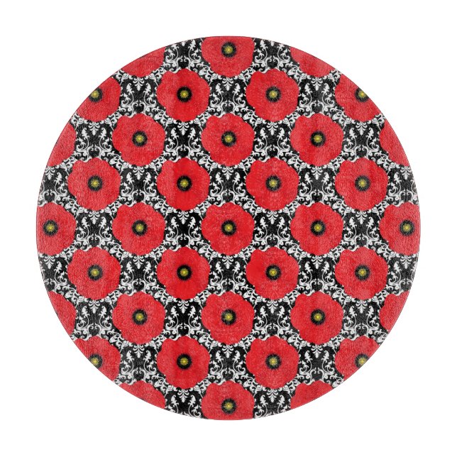 Planche À Découper Rouge Shabby Chic, motif de coquelicots noirs et b (Devant)