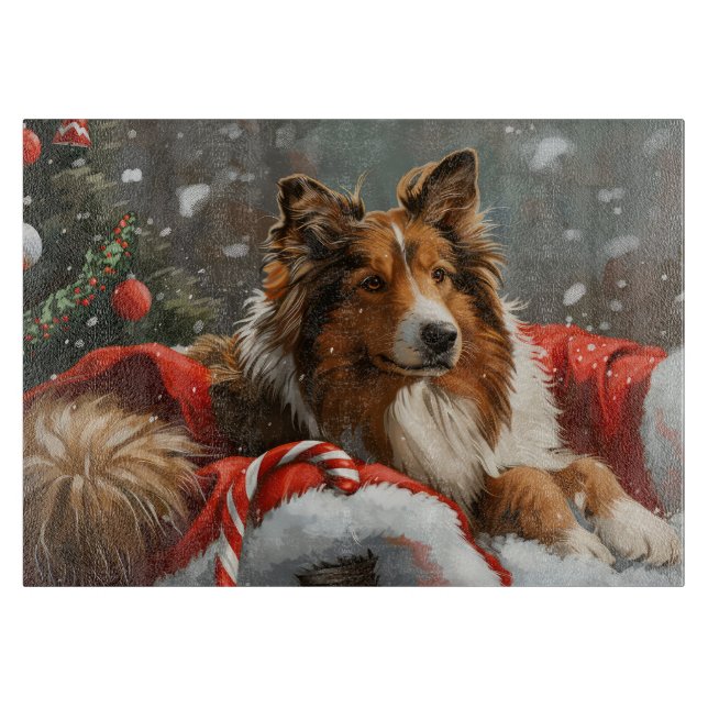 Planche À Découper Rough Collie Chien Festif de Noël (Devant)