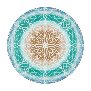 Planche À Découper Round Ocean Waves Mandala Turquoise et Turquoise