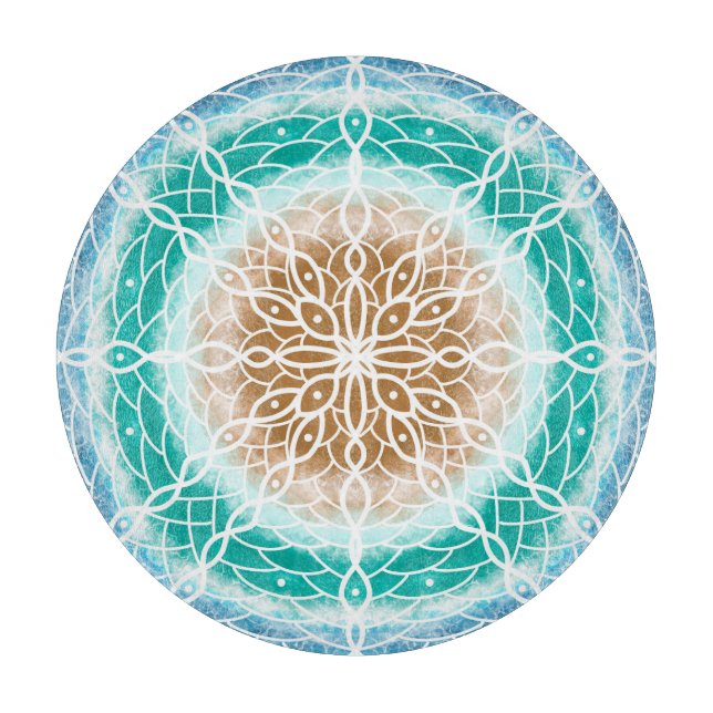 Planche À Découper Round Ocean Waves Mandala Turquoise et Turquoise (Devant)