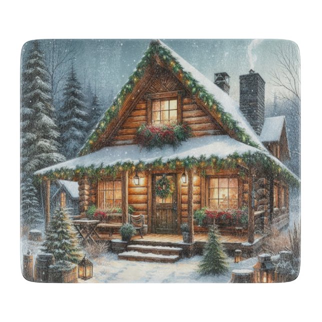 Planche À Découper Rustique hiver/Noël cabine enneigé (Devant)