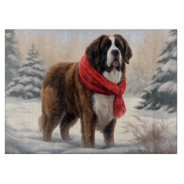 Planche À Découper Saint Bernard Chien à Noël de neige (Devant)