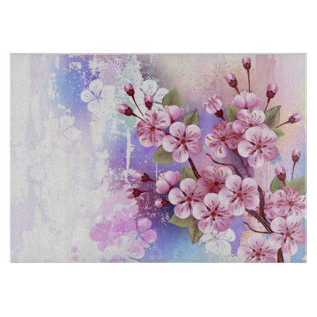 Planche À Découper Sakura rose sur fond de peinture (Devant)