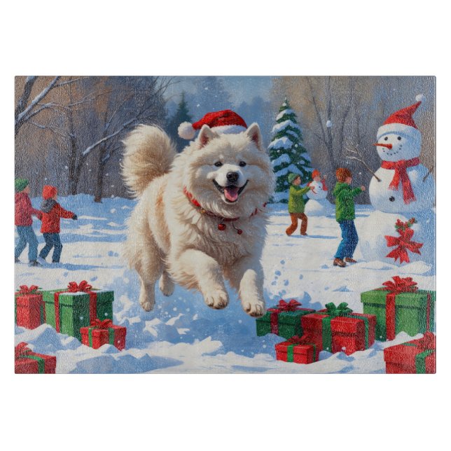 Planche À Découper Samoyed Running en neige avec Casquette de Noël (Devant)