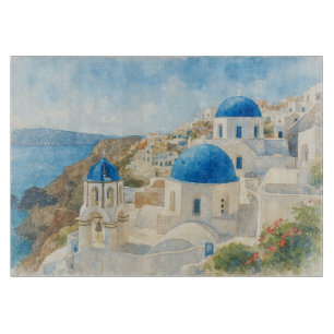 Planche À Découper Santorin Grèce Aquarelle Église à Dôme Bleu